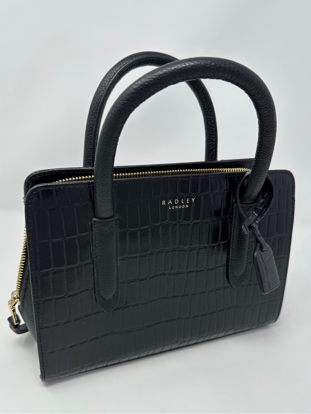 RADLEY LONDON Black Croc-Embossed Leather Satchel with Gold Hardware